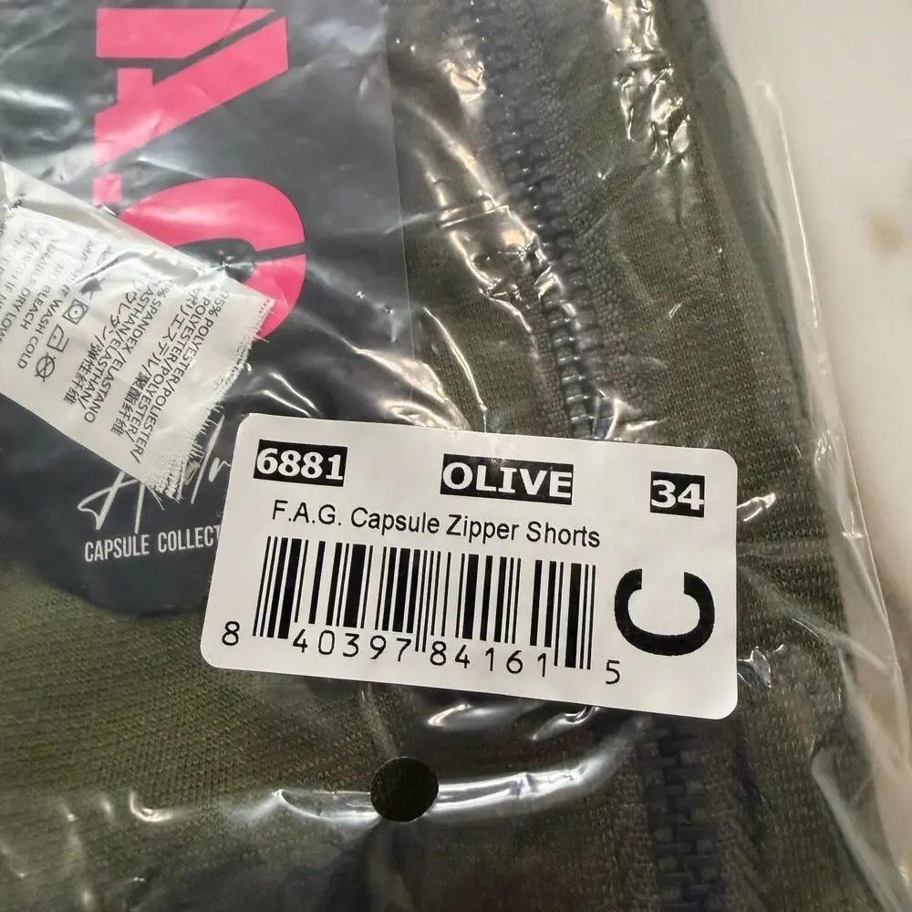 NEW Andrew Christian mens F.A.G. Capsule Zipper Shorts Color Olive Green Size 34